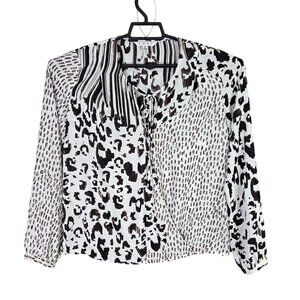 Womens Cabi Leopard & Striped Print Blouse Tie Neck 100% Polyester Long Sleeve S